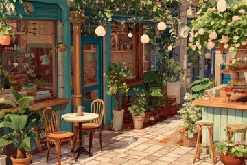 Fototapeta premium Summer cafe outdoors plants chairs.