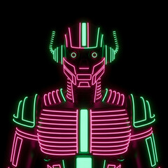 Pink and Green Neon Robot with Ribbed Torso and Robotic Ears