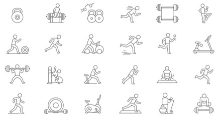 Line art icons representing fitness activities, healthy lifestyle and sports training