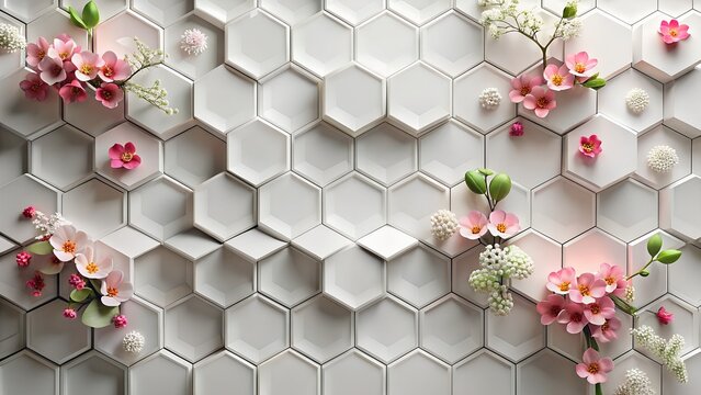 Delicate pink and white flowers with green leaves arranged on a modern geometric hexagonal honeycomb background, creating a fresh, elegant, and natural aesthetic