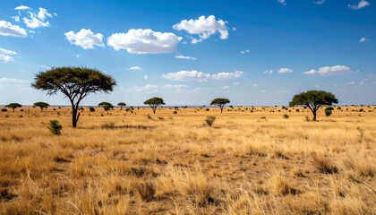 Obraz premium African Savanna with Golden Grass and Scattered Trees Under Bright Blue Sky