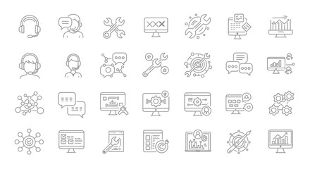Line art icon set representing technical support, customer service, and web development