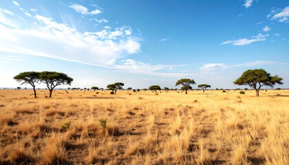 African Savannah Landscape with Golden Grass and Scattered Trees Under Bright Blue Sky