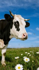A black and white cow stands in a vibrant green field dotted with daisies under a clear blue sky.