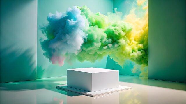 A minimalist white cube pedestal is positioned in a bright, modern studio setting, illuminated by soft light and featuring a vibrant explosion of colorful smoke behind it