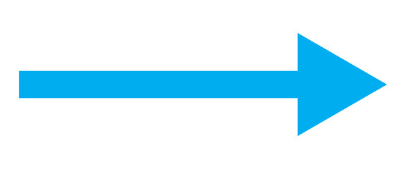 Blue long arrow pointing to the right. Straight long arrow icon, right thin line, blue cursor, horizontal element, thick pointer vector long arrow icon isolated on white background.