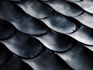 Dark metallic scales form an overlapping pattern with wavy curves and reflective surfaces