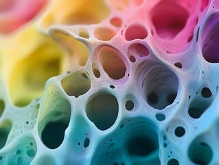 Intricate textured surface with porous network and vibrant yellow green blue and pink hues