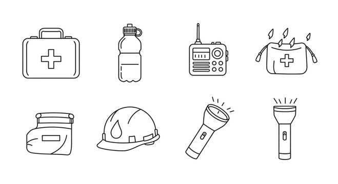 Emergency preparedness kit outline, highlighting safety and essential equipment items