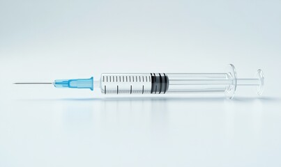 A clear medical syringe with a blue plunger and needle is displayed on a neutral background