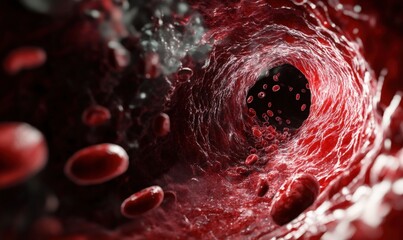 This visual depicts the intricate flow of red blood cells within a blood vessel, showcasing the dynamic movement and vibrant color typical of human anatomy in a scientific context