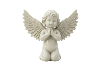 Isolated Angelic Figurine Praying on Knees with Delicate Wings