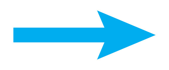 Fototapeta premium Blue long arrow pointing to the right. Straight long arrow icon, right thin line, blue cursor, horizontal element, thick pointer vector long arrow icon isolated on white background.