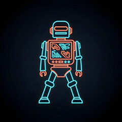 Cyan and Tangerine Neon Robot with Chest Panel and Wide Legs
