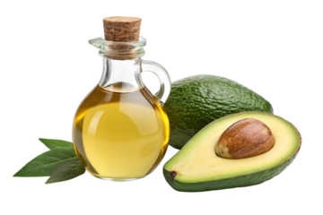 Avocado oil in glass bottle with fresh avocado on transparent png background