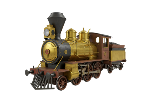 Isolated Vintage Steam Train Locomotive with Gold Accents