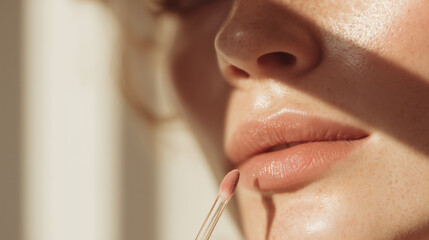 A close-up shot shows a woman applying lip gloss with sunlight casting shadows on her face.