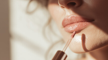 A woman applies shimmering lip gloss to her full, luscious lips in natural sunlight.