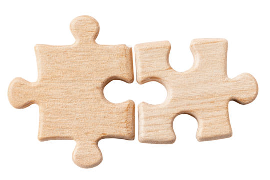 Two light beige wooden jigsaw puzzle pieces joined