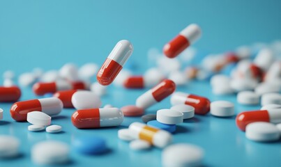 Capsules and tablets of various colors are distributed across a blue background, creating a dynamic arrangement that highlights different forms of medication