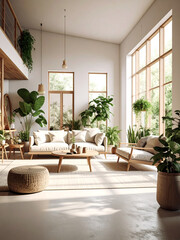 Ultra-Realistic Biophilic Living Room with Natural Light, Minimalist Design, and Lush Green Houseplants