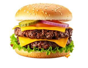 Exploded View of Double Cheeseburger with Plain Bun, Juicy Patties, Cheese, Pickles a
