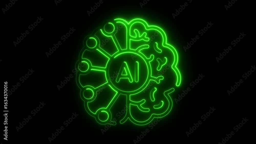 Poster futuristic a i brain concept glowing neon green on black background artificial intelligence technolo