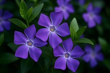 Rare Periwinkle Flowers in Bloom &ndash; Vivid Purple Petals with Green Foliage in High Detail
