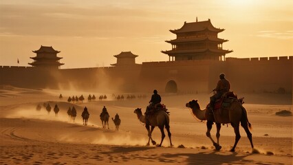 Camel Caravan Crossing Desert Near Ancient Fortified Wall at Sunset