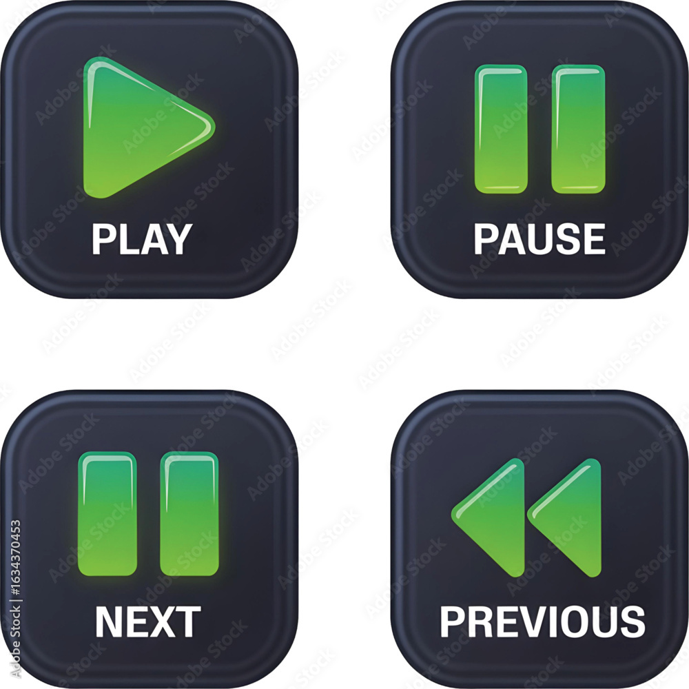 Poster a set of 3d user interface buttons play, pause, next, previous. matte material with glowing symbols.