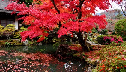 Majestic red maple tree in a Japanese garden beside a koi pond, fallen leaves floating on water, traditional atmosphere with peaceful and natural autumn beauty.