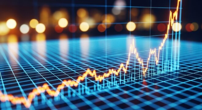 Vibrant upward trend graph illuminating financial growth and economic progress with a blurred cityscape backdrop