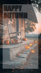 Cozy Happy Autumn greeting card featuring a rustic wooden porch with a rocking chair, pumpkins, and glowing lanterns at sunset. Perfect for fall wishes, seasonal greetings, and rustic décor themes.