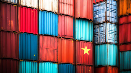 Vibrant background of stacked shipping containers in various colors, including one with the Vietnam flag. Perfect for themes of transportation, trade, logistics, import, and export.