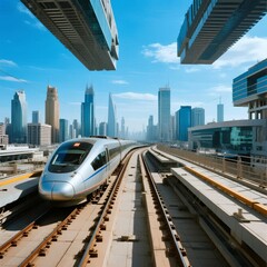 Naklejka premium High-speed train navigating through a futuristic cityscape with towering skyscrapers and clear blue skies.