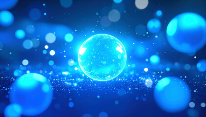 輝く青いバブルが浮かぶデジタル幻想空間