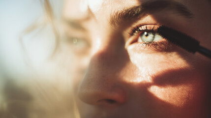 A woman applies mascara, enhancing her eyes with a delicate touch and capturing a close-up moment.