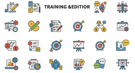 Collection of colorful flat vector icons representing business training and education concepts