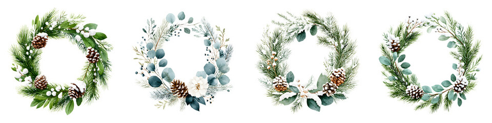 Fototapeta premium Winter Floral Wreaths: Watercolor Greenery and Pinecone Collection