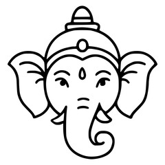 Vector illustration of Ganeshas head, a Hindu deity, depicted in a minimalist black and white line art style, perfect for religious iconography or design elements.