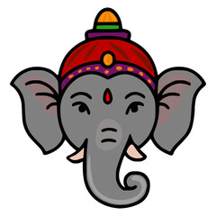 Vector illustration of Ganeshas head, a Hindu deity, adorned with a vibrant red and purple headdress, featuring a stylized design with bold outlines and flat colors, perfect for festive or religio...