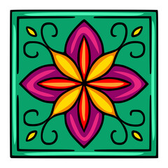 Vibrant vector tile design featuring a stylized floral motif in bold yellow, red, and purple hues, set against a teal background, perfect for textile prints or decorative elements.