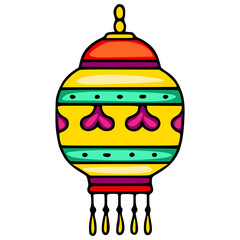 Festive Vector Illustration of a Yellow and Red Hanging Lantern with HeartShaped Details and Tassels, Perfect for Diwali or Other Celebrations