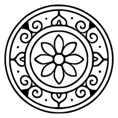 Elegant monochrome vector mandala design featuring a central flower motif encircled by intricate swirls and geometric shapes, perfect for decorative purposes.
