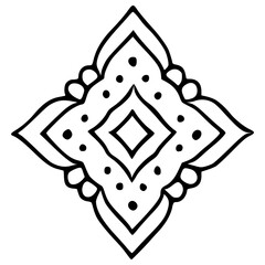 Elegant monochrome vector illustration of a symmetrical floral mandala design with intricate details and dotted accents, perfect for decorative purposes.
