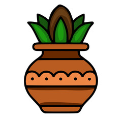 A vector illustration of a stylized terracotta pot with a plant, featuring a unique wavy decorative band and bold outlines, perfect for ethnic or naturethemed designs.