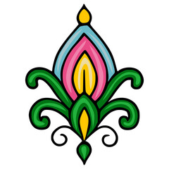 Vibrant vector floral ornament with stylized leaves and petals in pink, teal, yellow and green, perfect for textile design or decorative elements.