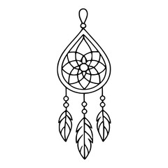 Teardropshaped vector dreamcatcher illustration with intricate geometric floral pattern and three stylized feathers, perfect for bohochic designs.