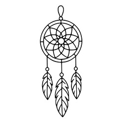 A vector illustration of a dreamcatcher with three feathers, featuring a detailed circular design and a simple, elegant style.