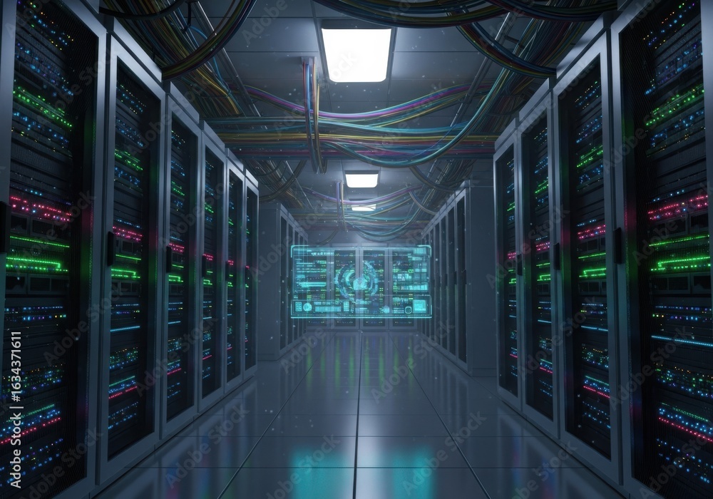 Poster illuminated server room corridor with rows of racks and glowing digital display at the far end
